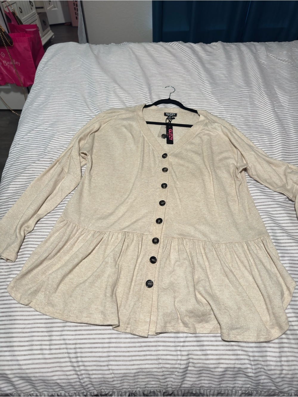Glitzy Girlz Cream Button-Front Ruffle Hem Cardigan